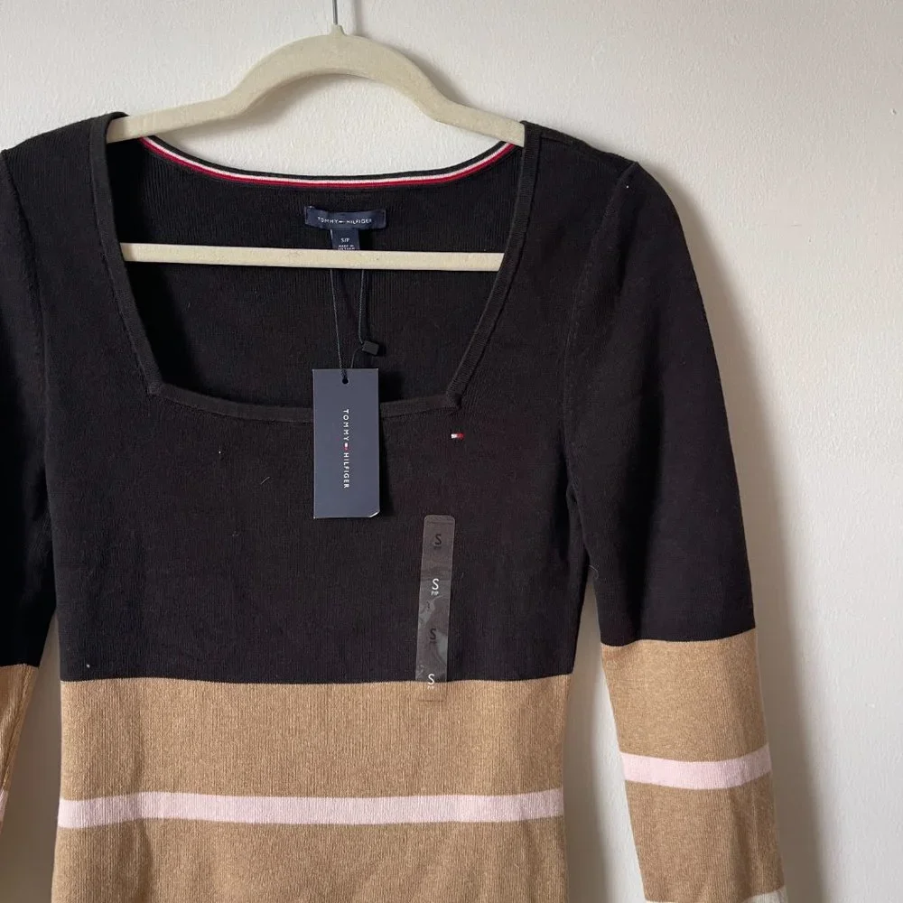 NWT Tommy Hilfiger Essential Stripe Square Neck Sweater In Black Size S - Picture 4 of 6